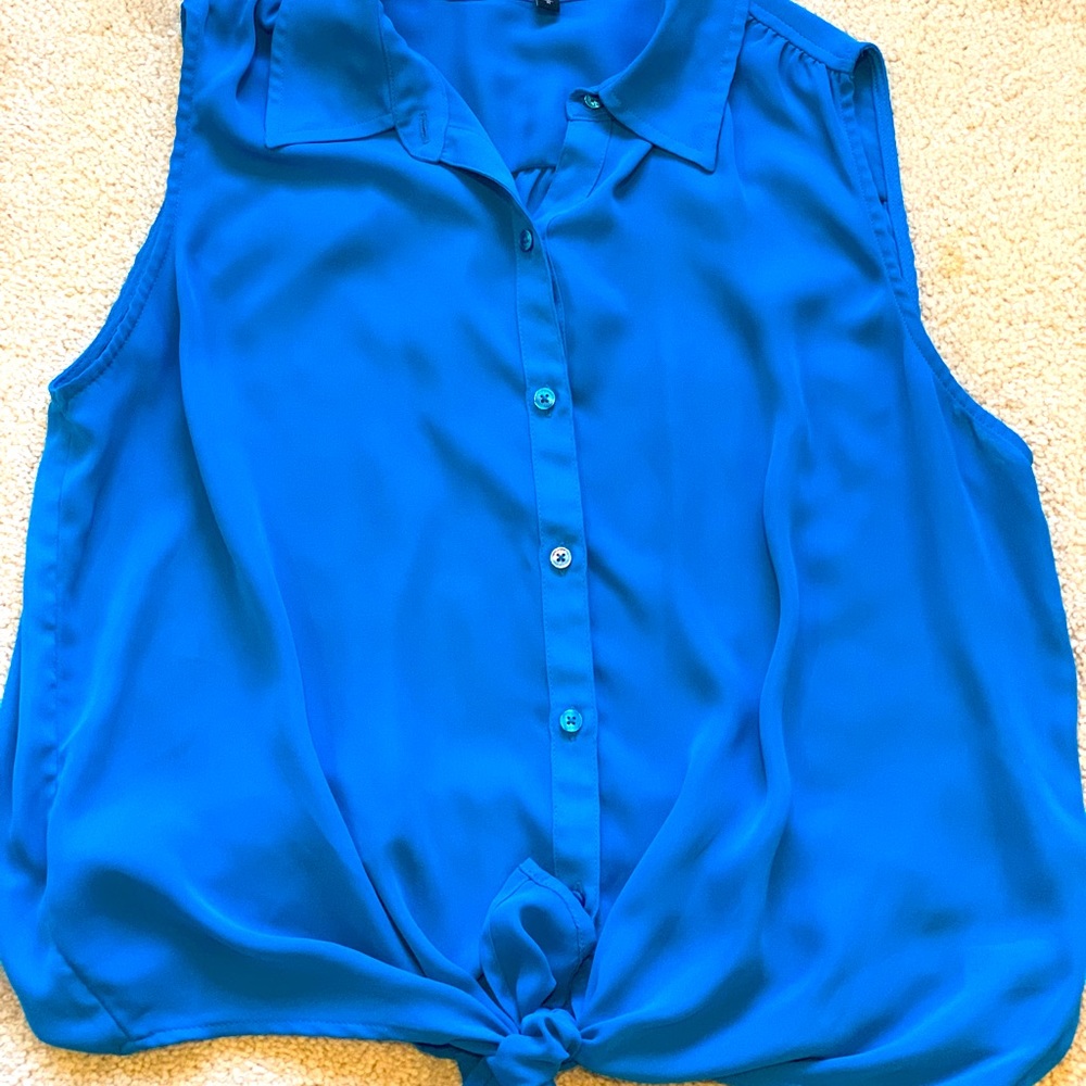 Express blue button down tie front blouse.